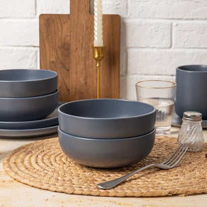 12-Piece Stoneware Dinnerware Set with Mugs | Microwave and Dishwasher Friendly | Stackable Matte Glaze Plates & Bowls | Service for 3 (Blue for 4) - color: Blue for 4