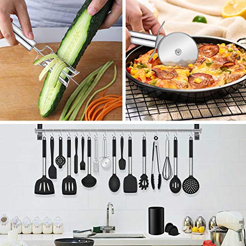 LIANYU 43 Pcs Kitchen Cooking Utensils Set, Silicone Cooking Utensils Spatula Set with Holder, Heat Resistant Kitchen Gadgets Tools for Nonstick Cookware Set, Stainless Steel Handle, Black - color: Black