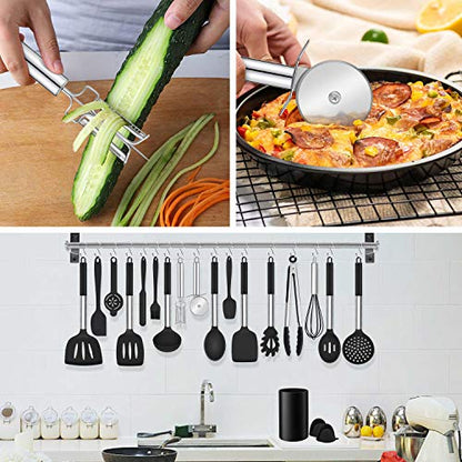 LIANYU 43 Pcs Kitchen Cooking Utensils Set, Silicone Cooking Utensils Spatula Set with Holder, Heat Resistant Kitchen Gadgets Tools for Nonstick Cookware Set, Stainless Steel Handle, Black - color: Black