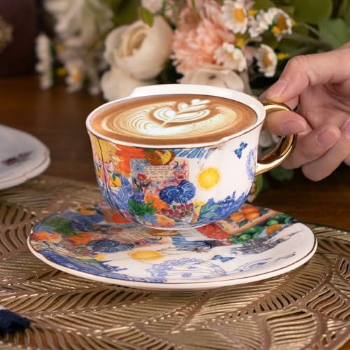 KAMMAK Tea Cups and Saucers Set of 2, Fine Bone China Coffee Cups, 584N | Stackable Espresso Mugs, Ceramic Demitasse for Coffee, Cappuccino, Latte, Americano, Tea - size: 7KPSP584N