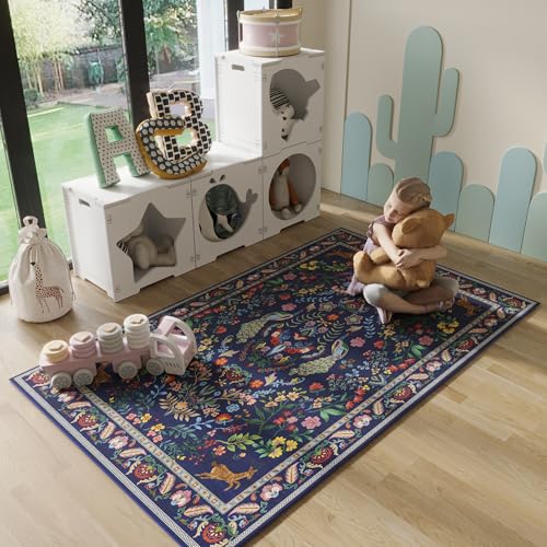 Rugcomf 3x5 Rug Washable Area Rug Floral Office Rug Non Slip Small Carpet for Bedroom, Bedside, Kitchen, Entryway, Kids Room, Office(Blue) - color: Blue, size: 3' x 5' (Rectangular)