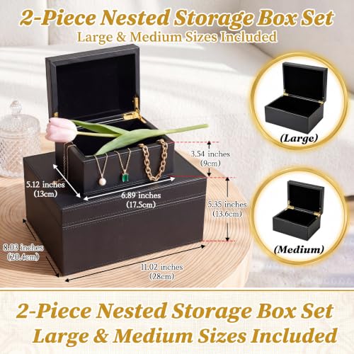 2 Pack Faux Leather Decorative Keepsake Box Large and Medium Wooden Storage Box with Magnetic Lid Jewelry Accessory Organizer Black Multi Functional Storage Container for Home and Office