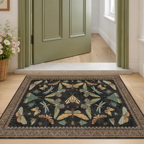 Small Black Entryway Rug - 2x3 Front Door Rug Indoor Entrance, Small Carpet for Kitchen Floor, Bathroom, Powder Room, Washable Low Pile Non Slip, Insect Print Home Décor - color: Black / Multi, size: 2' x 3' (Rectangular)