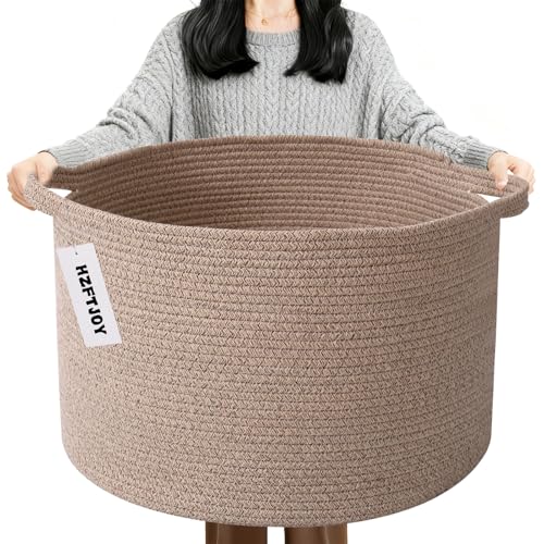 90L Extra Large Blanket Basket,Woven Rope Laundry Basket-Brown | Collapsible, reinforced handles, nursery storage bin organizes clothes, toys and pillows for living room, bedroom bathroom. - color: Brown, size: 21.7"L x 21.7"W x 13.8"H（90L)