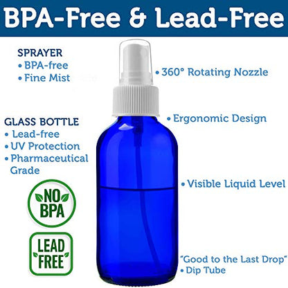 Sally's Organics Empty Blue Glass Small Portable Atomizer Spritzer, 2 Pack (4oz)