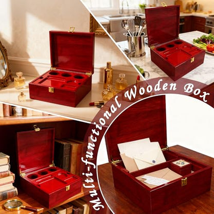 Large Wooden Box Decorative Storage Box with Lock & Accessories - Premium Stash Box with 2 Glass Jar, Brushes,Tubes,Keepsake Memory Treasure Box for DIY Crafts Photo Storage Gifts Birthday Christmas