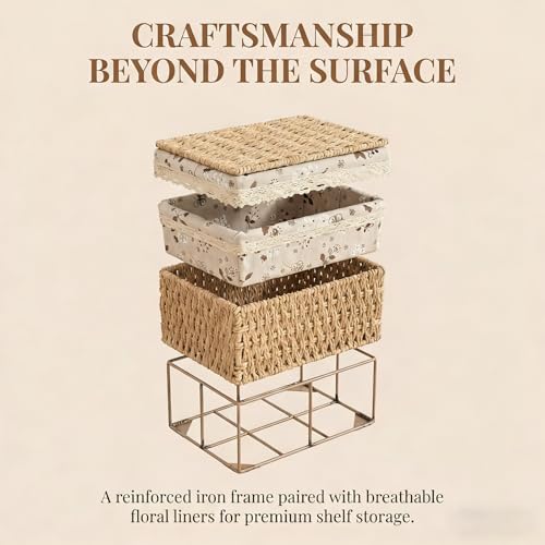 Storage Baskets with Lids, Set of 3 Wicker Baskets with Lids, Shelf Baskets Multipurpose Container, Large Wicker Basket Cube Storage Bins with Liners for Bedroom, Living Room, Bathroom