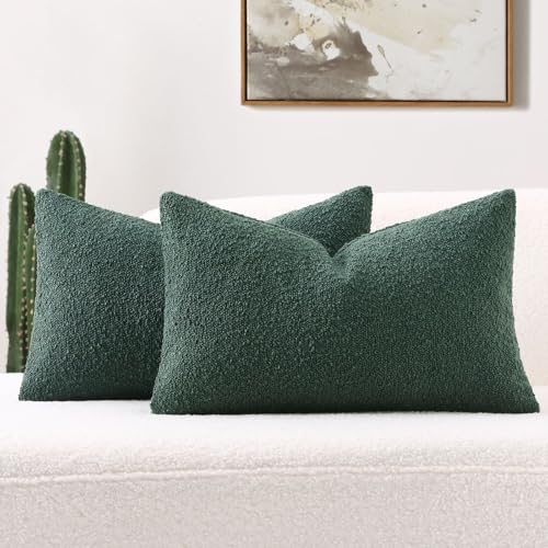 FUTEI Pack of 2 Boucle Textured Throw Pillow Covers 12x20 Inch, Dark Green | Decorative Textured Neutral Pillow Covers, Machine Washable, Colorfast,Accent Solid Couch Throw Pillows Sofa Bed Living Room - color: Dark Green, size: 20" x 12" (Pack of 2)