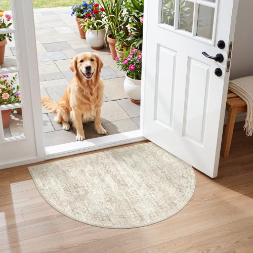 Soalmost Washable Half Circle Round Rug 2x3 Beige Small Half Moon Rug Entry | Non-Slip Vintage Low Pile Throw Door Mat For Bathroom Laundry Powder Room, Stain Resistant Indoor Entrance Semi Floor Carpet - color: Beige, size: 2' x 3' (Semicircular)