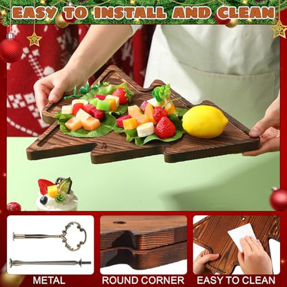 Wood 2-Tiered Christmas Tree Tray Cupcake Stand Dessert Display Holiday Serving Platters Xmas Wooden Charcuterie Board for Snacks Food Fruit Appetizers Desserts Cookies (Dark Brown) - color: Dark Brown