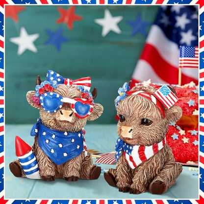 Wesiti 2 Pcs 4th of July Highland Cow Figurines Decor | Patriotic Gnomes Scottish Resin Statue, Calf Lovers Gifts, for 250th Anniversary, Home Garden Kitchen Office Table - style: Independence Day