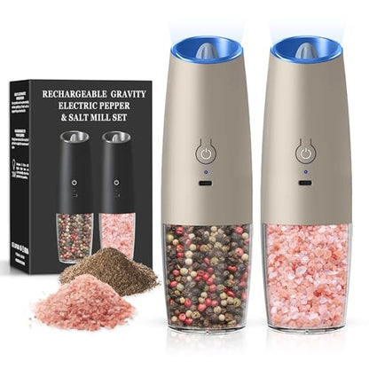 Rechargeable Gravity Salt Pepper Grinder Set, 2 Pack (Khaki) | Gravity Rechargeable Grinder With Led Light & Adjustable Coarseness, No Extra Batteries Needed For Kitchen Seasoning - color: Rechargeable/2pcs/Khaki