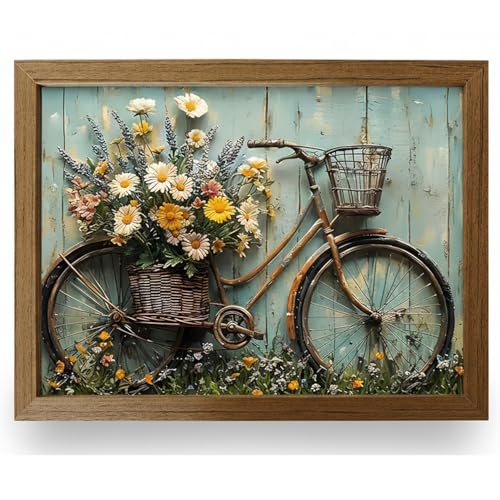 Vintage Bicycle Wall Art with Wildflowers, Rustic Farmhouse Floral Canvas Print, Cottagecore Bicycle Flower Basket Painting, Country Wall Decor for Living Room Bedroom, Framed Ready to Hang 12x16 - color: zixingche, size: 16"L x 12"W