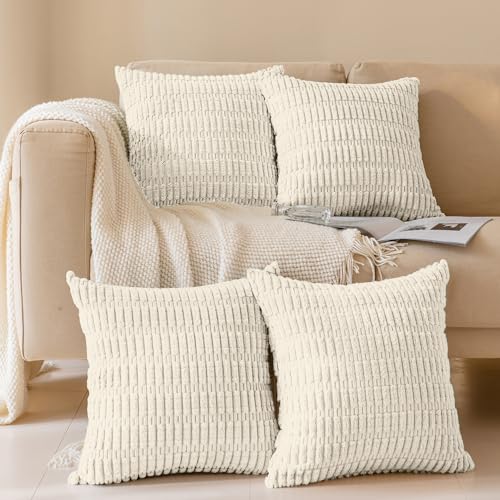 Pack of 4 Corduroy Decorative Throw Pillow Covers 16x16 Inch, Cream | Soft Striped Farmhouse Boho Modern Home Decor Throw Pillow Covers for Couch Sofa Bedroom Living Room - color: Cream, size: 16" x 16" (Pack of 4)