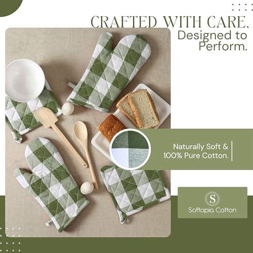 Buffalo Plaid Check Oven Mitts and Pot Holders Set, 100% Cotton, Heat Resistant, 2 Oven Gloves (7x13 Inches) and 2 Hot Pads (8x8 Inches) for Cooking and Baking, Mint Green White - color: Mint Green, Buffalo Plaid