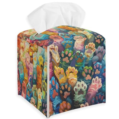 Colorful Cat Paws Tissue Box Cover, Cat Lover Leather Tissue Box Holder Square Facial Paper Organizer Dispenser for Bathroom Kitchen Bedroom Vanity Countertop Nightstands - color: Cat Paws-a