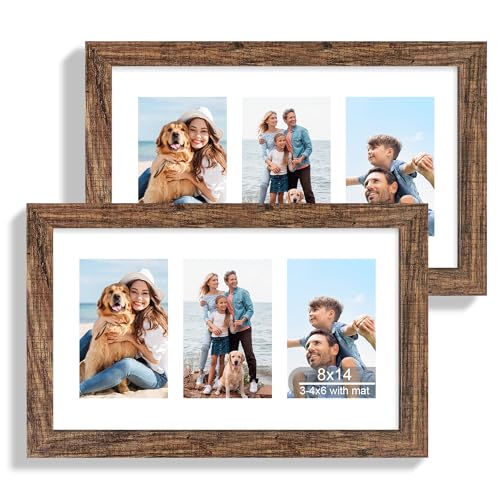 Hongkee 8x14 Picture Frame Set of 2, Rustic Brown Wood Frame with Glass Collage Frame, Display Pictures 3-4x6 With Mat or 8 x 14 Without Mat - Horizontal or Vertical Wall Mounting - color: Rustic Brown, size: 8x14 in matted to 3-4x6