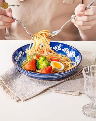 Yeacccng Bohemian Pasta Bowls Set of 6, 8.5 Inch 35 Oz Ceramic Serving Bowls, Brown Color Block Design, Lead-Free Cadmium-Free, Dishwasher Microwave Oven Safe, Scratch-Resistant Salad Soup Bowls - size: 8.5 inch pasta bowl (Brown*6)