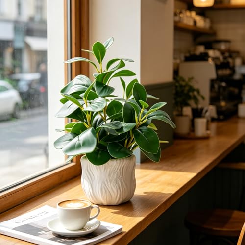 14" Artificial Potted Plant with Thick Leaves in White Textured Pot | Realistic Thick Leaves , Compact Desk & Shelf Plant , White Textured Decorative Pot , Modern Home & Office Decor