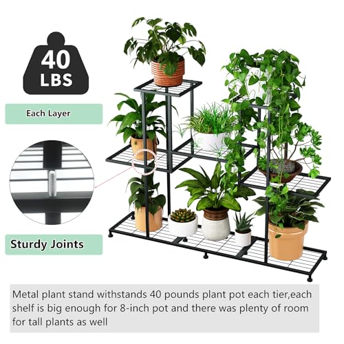 Twhep Metal Plant Stand, 5 Tiers Multifunctional Plant Stands for Indoor Plants, Decorative Black Steel Plant Shelf for Indoor Patio Garden Balcony and Yard (4 tiers 12 pots)