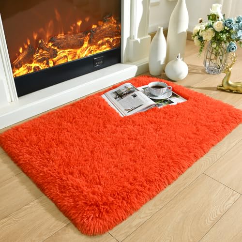Fluffy Rug Shaggy Area Rug, Orange Red 2x3 Small Rugs for Fireplace Holiday Dearations, Mini Fuzzy Plush Kids Bedside Rug, Soft Non-Slip Entryway Throw Rugs Shag Catpet for Living Room - color: Orange Red, size: 2' x 3' (Rectangular)