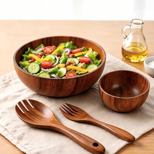 Acacia Wood Salad Bowl Set (4-Piece) | Wooden Bowls,Safe for Warm Food,Durable & Easy to Clean,Everyday Kitchen Use,Serving Bowls for Party