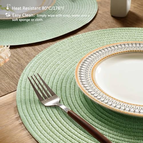 FunWheat Round Braided Placemats Set of 6 Place mats for Dining Tables Woven Heat Resistant Table Mats 15 inch (Mint Green) - color: Solid Mint Green, size: 6pcs