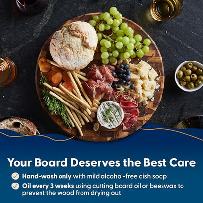 Sonder Los Angeles Vincent End Grain Teak Cutting Board, Round 15x15x1.5 in | Non-toxic, Juice Groove, Butcher Block, Perfect for Pizza & Charcuterie, Built-in Handles, Gift Box Included, 6 lbs - color: Vincent | Teak | End Grain