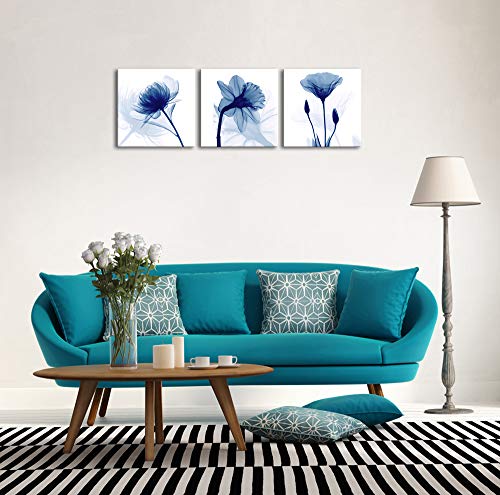 Wieco Art Blue Abstract Flowers 3 Panels Giclee Canvas Prints Wall Art Modern Pictures Artwork for Living Room Bedroom and Home Decorations - size: 12x12inchx3pcs (Unframed)