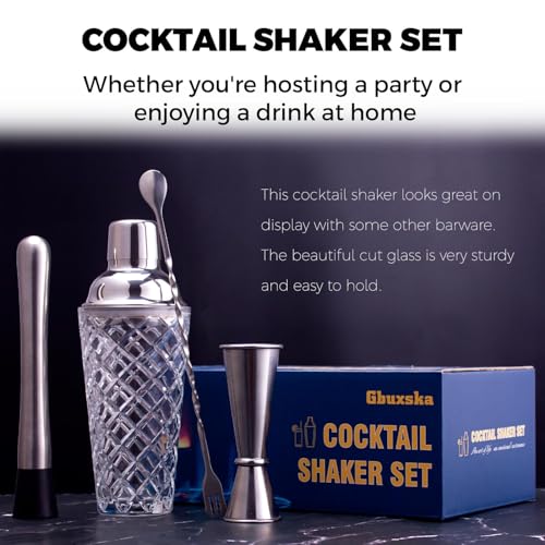 Cocktail Shaker Set, 14.2oz Glass Martini Shaker with Strainer - Includes Measuring Jigger, Mixing Spoon and Muddler - Perfect for Making Cocktails and Protein Shakes (Silver) - color: Silver Set
