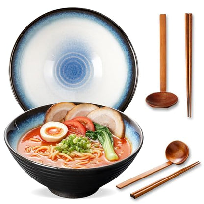 8 Inch Ceramic Ramen Bowl Set of 2, 40oz Japanese Bowls with Spoons & Chopsticks,Durable,Microwave & Dishwasher Safe,Perfect for Ramen,Pho,Salad,Soup,Noodles，Mixing bowls（Midnight） - color: Midnight