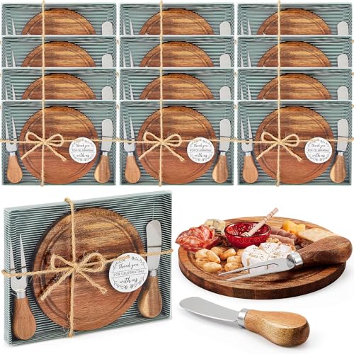 12 Sets Baby Shower Bridal Game Prizes for Winners Round Cheese Board Set Wood Mini Charcuterie Board with Knives and Forks Thank You Card with Gift Box for Guests Wedding (Acacia) - color: Acacia, size: Round