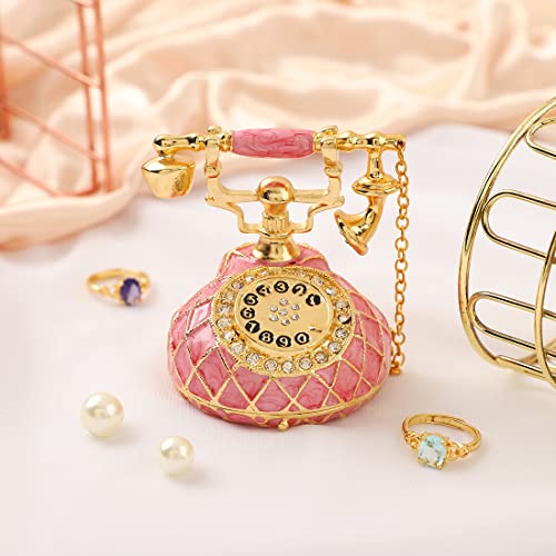 QIFU Hand Painted Small Pink Telephone Figurine Trinket Box Hinged Unique Gift for Family - color: T3 Pink