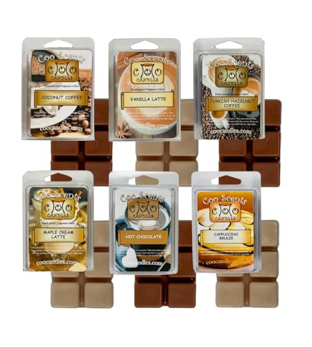 Coffee House Scented Wax Melts, 6 Pack – USA Made – Wax Cubes for Wax Melt Warmer, Coffee Variety Pack - Coconut, Maple Latte, Hazelnut, Hot Chocolate, Vanilla Latte, & Cappuccino Brulee