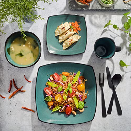 Gibson Elite Soho Lounge 16-Piece Reactive Glaze Dinnerware Set – Teal and Black Tutone Stoneware Plates and Bowls - color: Teal/Black (Soho Lounge), size: Service for 4 (16pcs)