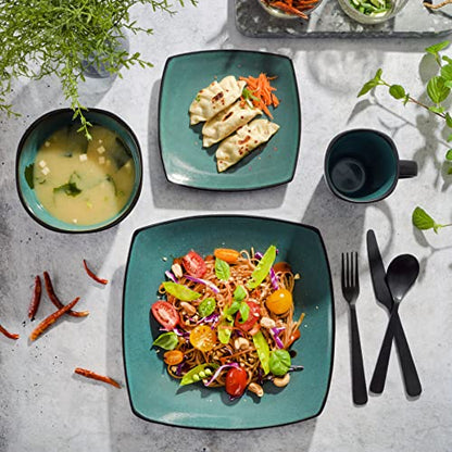 Gibson Elite Soho Lounge 16-Piece Reactive Glaze Dinnerware Set – Teal and Black Tutone Stoneware Plates and Bowls - color: Teal/Black (Soho Lounge), size: Service for 4 (16pcs)