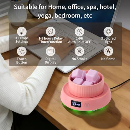 Candle Warmer,Wax Melt Warmer for Desk with Temperature Display | 1-9H Delay Start Timer,Wax Warmer for Scented Wax,Wax Melter,3 Temperature Settings,1-9H Auto Shut Off Timer - color: Pink
