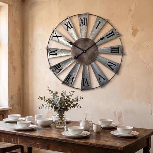 Mrocioa Windmill Distressed Metal Wall Clocks Rustic Large Decorative Clock Oversized Farmhouse Decor (24 inch Roman Numerals) - size: 24 inch Roman numerals