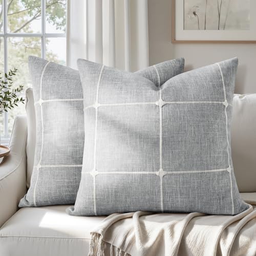 HOMEIDEAS Decorative Plaid Throw Pillow Covers 18x18 Set of 2 | Gray Farmhouse Cushion Embroidered Pattern,Soft Linen Feel Textured Neutral,Couch Sofa Bed Living Room,Farmhouse Fall Decor - color: Light Grey Plaid, size: 18" x 18" (Pack of 2)