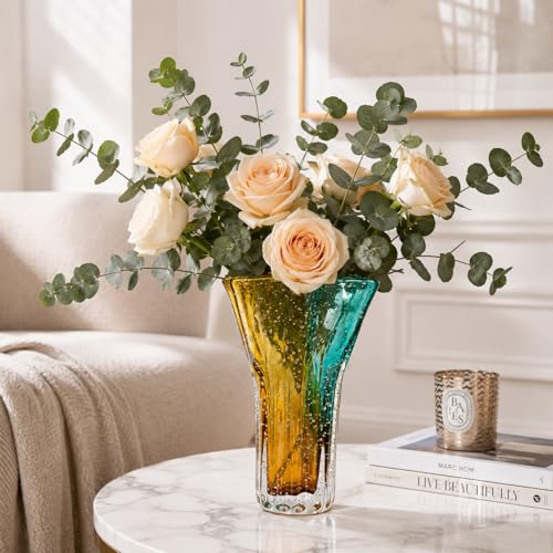 Art Glass Vase with Hand Blown Bubble Texture, Decorative Blue Amber Glass | Modern Home Decor Accent for Flowers Living Room, Dining Table, Shelf Entryway Display