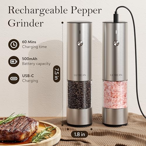 Ultrean Salt and Pepper Grinder Set, Rechargeable Salt and Pepper Shakers, 6 Adjustable Coarseness, LED Light, Kitchen Gadget Cooking Gifts Valentines Day Gifts for Him Her Mom Dad, Stainless Steel - color: Classic Silver