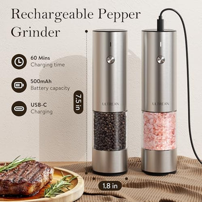 Ultrean Salt and Pepper Grinder Set, Rechargeable Salt and Pepper Shakers, 6 Adjustable Coarseness, LED Light, Kitchen Gadget Cooking Gifts Valentines Day Gifts for Him Her Mom Dad, Stainless Steel - color: Classic Silver