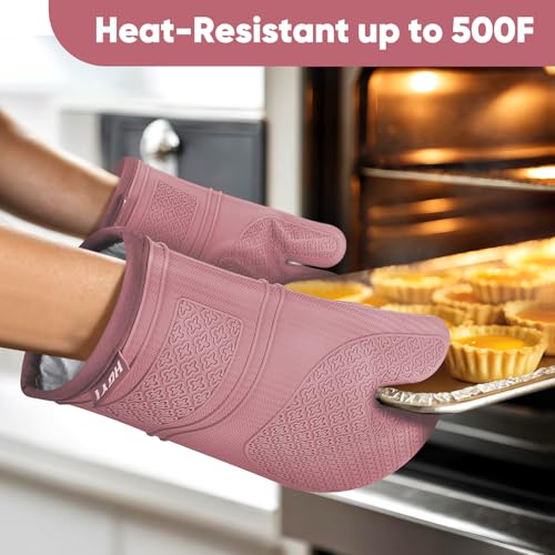 Silicone Oven Mitts, Heat Resistant Oven Gloves with Quilted Liner, Waterproof & Non-Slip Kitchen Mittens for Baking Cooking BBQ, 500°F, 12.5"-Rose Pink - color: Rose Pink