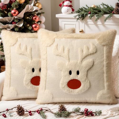 Faux Fur Christmas Pillow Covers 18x18 Set of 2 | Cute Reindeer Beige Soft Plush Farmhouse Decorative Cushion Case for Couch Christmas Home Decor - color: Cute Reindeer, size: 18" x 18" (Pack of 2)