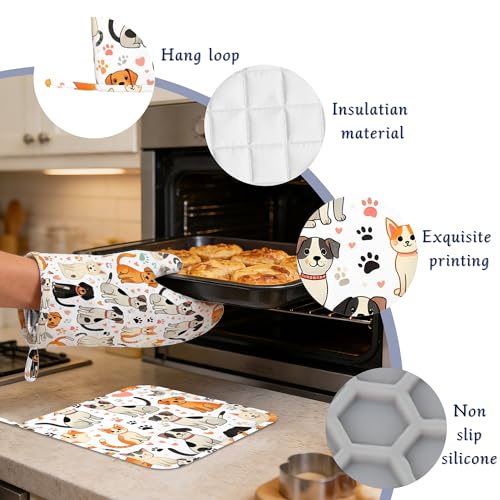 Cute Cats Dogs Potholders & Oven Mitts Sets Animal Paws Print Silicone Heat Resistant Oven Mits and Hot Pads Non-Slip Pot Holders Gloves for Kitchen Chef Cooking Baking Grilling BBQ - color: Cute Cats Dogs,animal Paws Print
