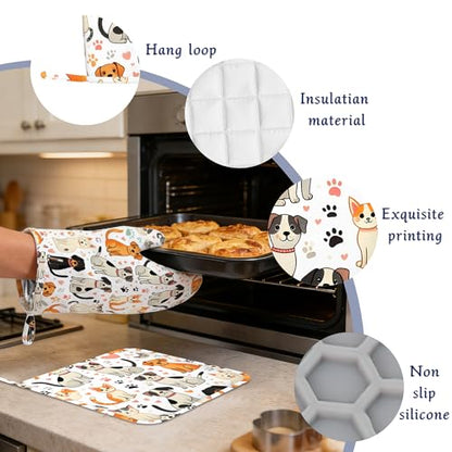 Cute Cats Dogs Potholders & Oven Mitts Sets Animal Paws Print Silicone Heat Resistant Oven Mits and Hot Pads Non-Slip Pot Holders Gloves for Kitchen Chef Cooking Baking Grilling BBQ - color: Cute Cats Dogs,animal Paws Print