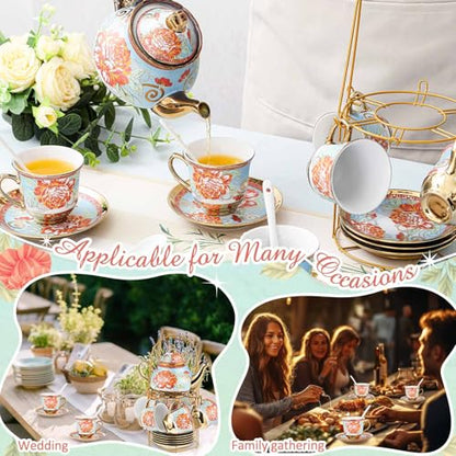 Zhehao 20 Pcs Porcelain Tea Set with Metal Holder and Spoon Adult Ceramic Tea Set European Flower Painting Teapot Cup Saucer Spoon for Women Mom Gift, Large Version (Retro Style) - color: Retro Style
