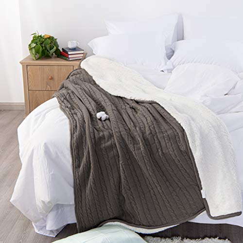 NTBAY Twin Cotton Cable Knit Sherpa Blanket, 60 x 80, Grey | Cotton Cable Knit Front with Warm Sherpa Reverse, 60 x 80 Inch Twin Blanket for Bed, Sofa, and Cold-Weather Layering - color: Grey