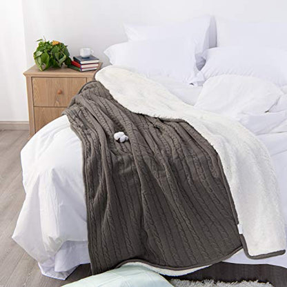 NTBAY Twin Cotton Cable Knit Sherpa Blanket, 60 x 80, Grey | Cotton Cable Knit Front with Warm Sherpa Reverse, 60 x 80 Inch Twin Blanket for Bed, Sofa, and Cold-Weather Layering - color: Grey