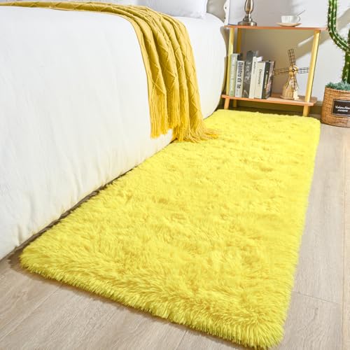 Keeko Fluffy Area Rugs 2x6, Soft Washable Shag Rug for Bedroom Girls Room | Cute Shag Kids Rugs Nursery Living Room Indoor Fuzzy Bedside Rug Ultra Soft Furry Carpet for Teen Baby Dorm Decor - color: Yellow, size: 2' x 6' (Rectangular)